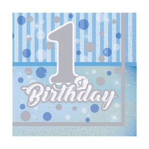 33x33 cm 1.st Birthday Desenli 2 Katlı 20'li Açık Mavi Renkli Kağıt Peçete