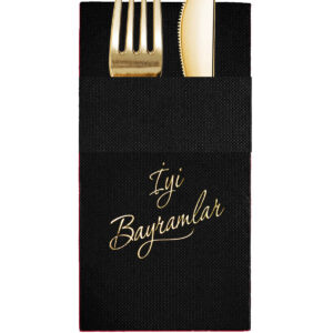 40x40 cm Altın Varak İyi Bayramlar 16'lı Cepli Siyah Renkli Kağıt Peçete