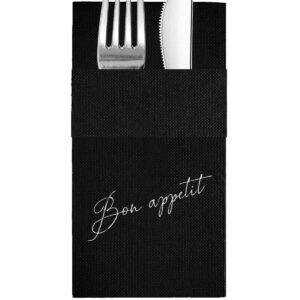 40x40 cm Gümüş Varak Bon Appetit Desenli 16'lı Cepli Siyah Renkli Kağıt Peçete