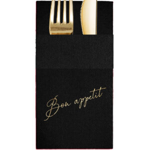 40x40 cm Altın Varak Bon Appetit Desenli 16'lı Cepli Siyah Renkli Kağıt Peçete