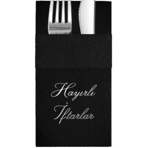 40x40 cm Gümüş Varak Hayırlı İftarlar Desenli 16'lı Cepli Siyah Renkli Kağıt Peçete