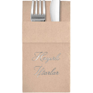 40x40 cm Gümüş Varak Hayırlı İftarlar Desenli 16'lı Cepli Kraft Renkli Kağıt Peçete