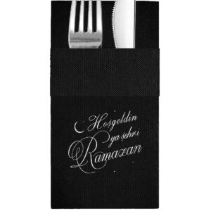 40x40 cm Gümüş Varak Hoşgeldin Ya Şehr-i Ramazan 16'lı Cepli Siyah Renkli Kağıt Peçete