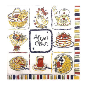 33x33 Cm Daycare Afiyet Olsun Desenli 3 Katlı 20'li Kare Beyaz Renkli Kağıt Peçete