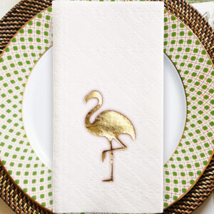 Airlaid 20x40 cm Altın Varak Flamingo Tropikal Parti Desenli 16'lı Beyaz Renkli Kumaş Dokulu Peçete