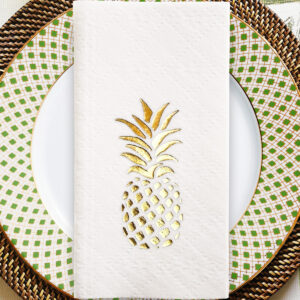 Airlaid 20x40 cm Altın Varak Ananas Tropikal Parti Desenli 16'lı Beyaz Renkli Kumaş Dokulu Peçete
