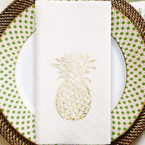 Airlaid 20x40 cm Altın Varak Ananas Tropikal Parti Desenli 16'lı Beyaz Renkli Kumaş Dokulu Peçete
