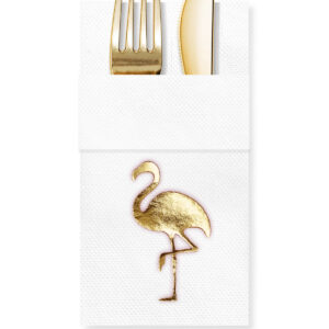 40x40 cm Altın Varak Flamingo Tropikal Parti Desenli 16'lı Cepli Beyaz Renkli Kağıt Peçete