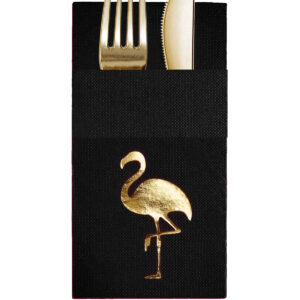 40x40 cm Altın Varak Flamingo Tropikal Parti Desenli 16'lı Cepli Siyah Renkli Kağıt Peçete