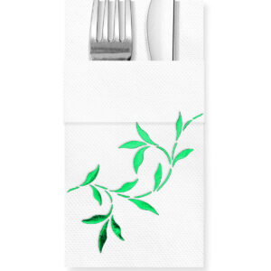 40x40 cm Yeşil Varak Yapraklar Desenli 16'lı Cepli Beyaz Renkli Kağıt Peçete