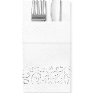 40x40 cm Gümüş Varak Ebruli Klasik Desenli 16'lı Cepli Beyaz Renkli Kağıt Peçete