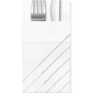 40x40 cm Gümüş Varak Çizgi Desenli 16'lı Cepli Beyaz Renkli Kağıt Peçete