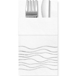 40x40 cm Gümüş Varak Dalgalı Çizgiler Desenli 16'lı Cepli Beyaz Renkli Kağıt Peçete