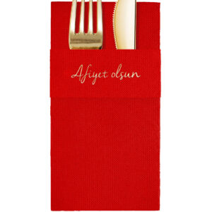 40x40 cm Altın Varak Afiyet Olsun Desenli 16'lı Cepli Kırmızı Renkli Kağıt Peçete