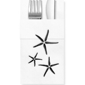 40x40 cm Siyah Varak Deniz Yıldızları Desenli 16'lı Cepli Beyaz Renkli Kağıt Peçete